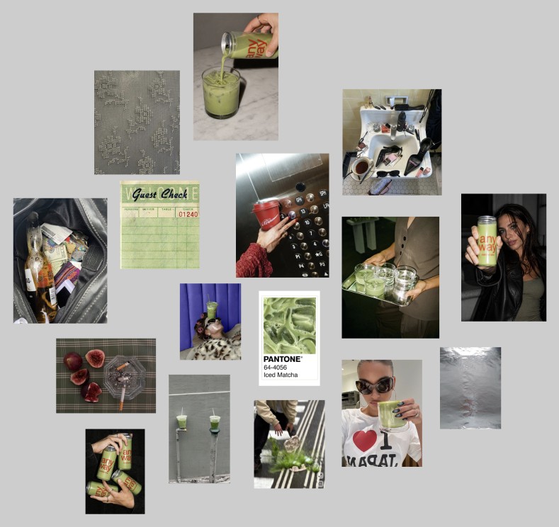 anyway moodboard. iced matcha, cans, lifestyle