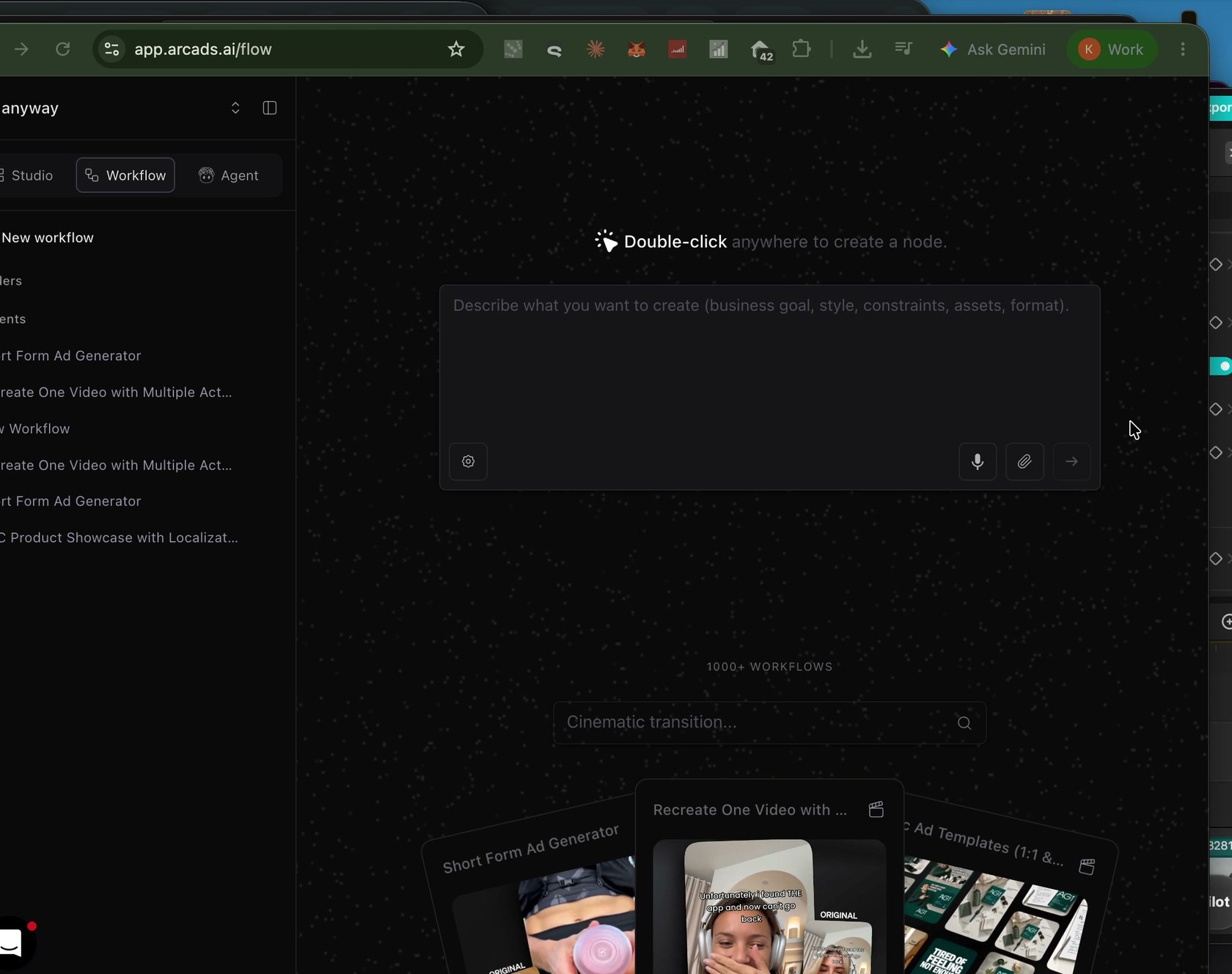 anyway workspace in the arcads workflow canvas