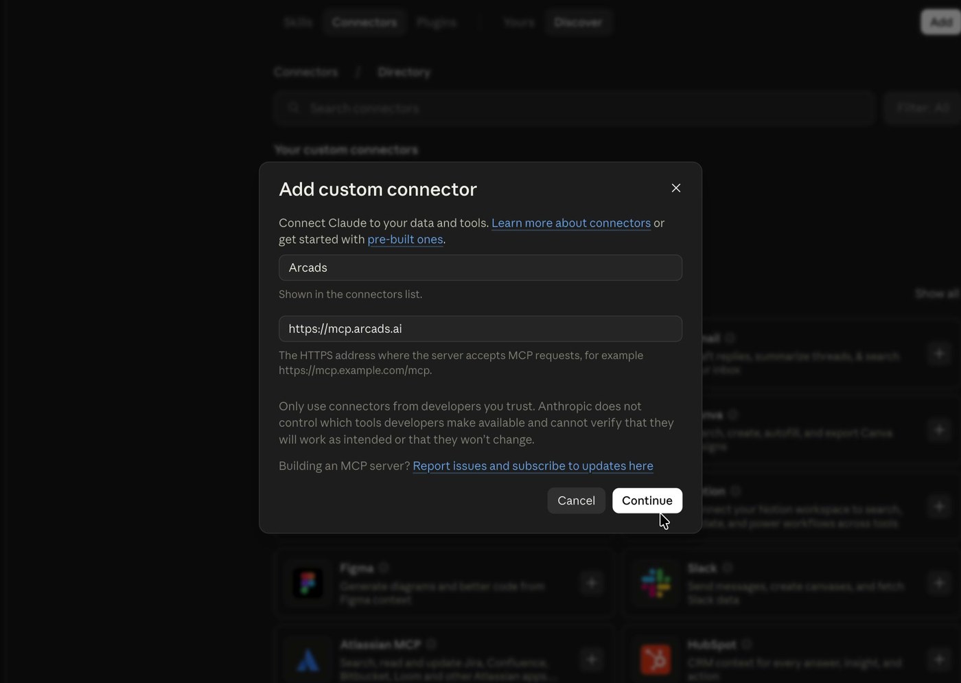 add arcads as a custom connector in claude